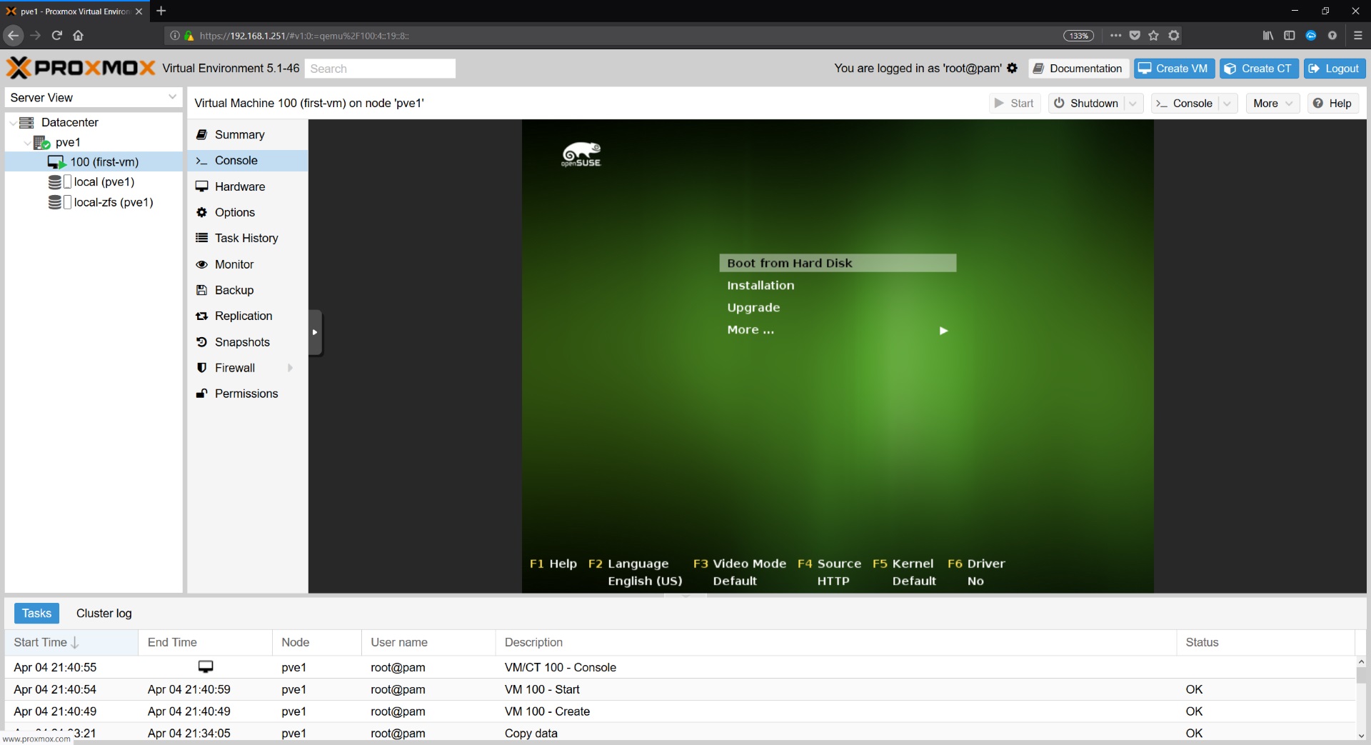 Proxmox Virtual Environment - Laufender VM im Bootmenue
