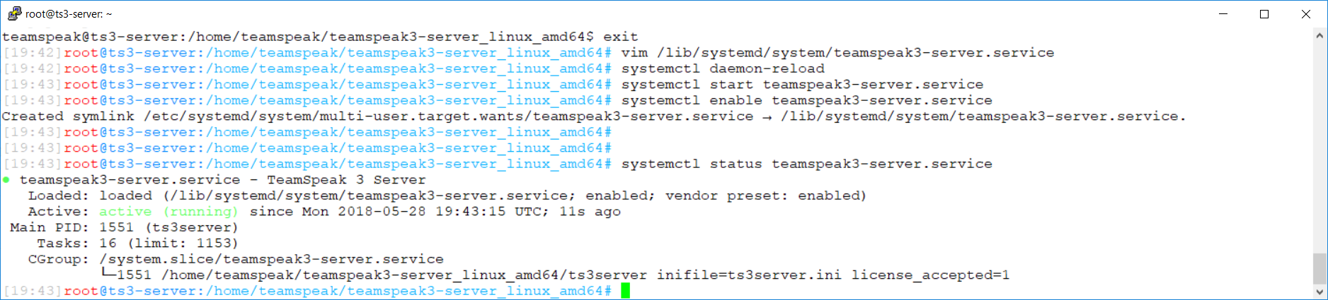 TeamSpeak 3 Server wurde über systemd gestartet